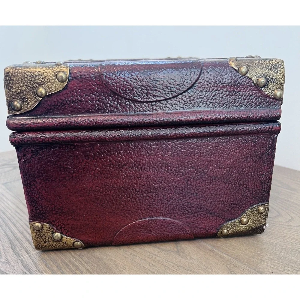 Vintage 90s Burgundy Faux Leather Decorative Trunk Storage Chest Brass Accents
